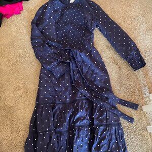 navy polka dot belted midi dress